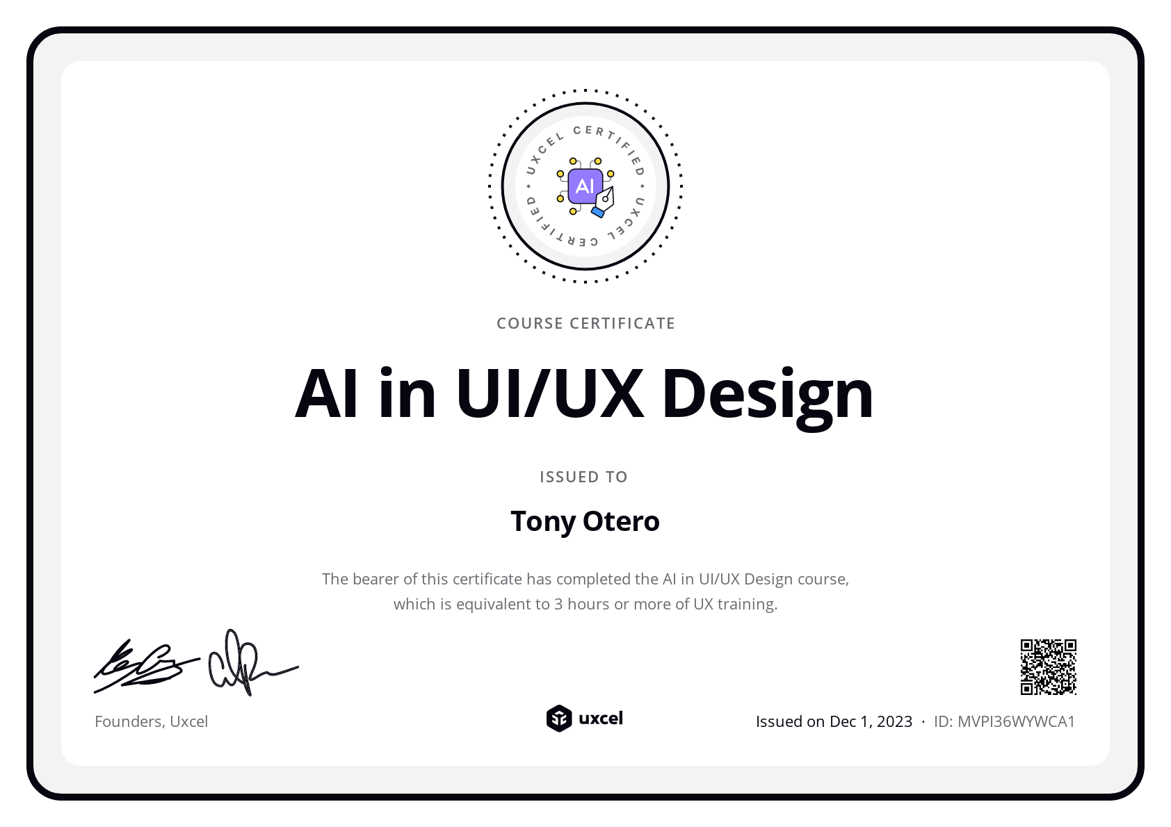 Tony Otero's certificate